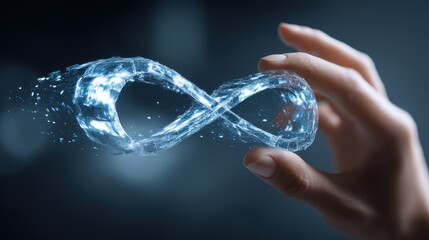 Hand holding endless infinity sign of virtual reality metaverse digital innovation game or internet future online simulation media cyber and world communication on connection.