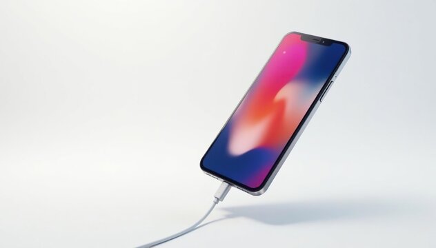 Floating smartphone, charging cable, white backdrop, smart device, network