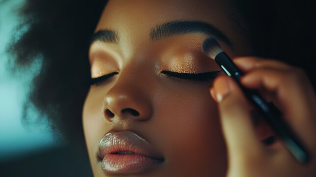 Professional makeup artist applying eyeshadow on african american woman for beauty and fashion shoot session