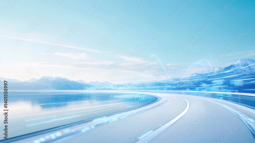 Aufkleber 曲線を描く青い舗装路と青い水辺の風景 広がる空と光の中を走るドライブの爽快感