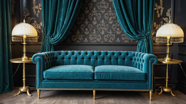Elegant teal velvet sofa with gold trim and ornate lamps in a luxurious living room setting with patterned wallpaper