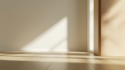 Fototapeta premium Bright Sunlight Shines Through an Open Door, Illuminating a Minimalistic Interior Space During the Morning Hours With Warm Tones