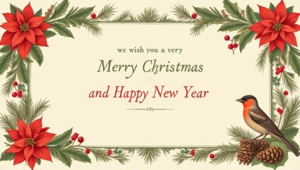 Vintage Christmas Greeting Card Design with Poinsettia and Robin