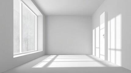 Minimalist white empty room interior blank wall background or backdrop with window light shadow for online zoom presentations webinars and virtual meetings teams video call.