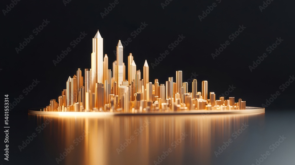 Poster golden cityscape model with light illumination showing skyscrapers and buildings on dark background