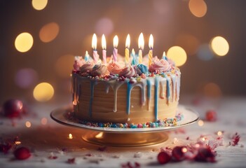 stand birthday space burning festive candles lights beautiful cake text sweet eating event gift receipe organic nourishment food background holiday decor object delicious celebration blurred nutrient