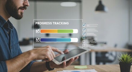 Man using a tablet showing progress tracking in an office setting.