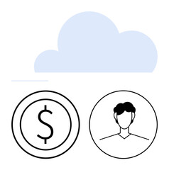 Cloud icon above user profile and currency symbol in circles, representing digital identity, online payment, data storage, remote access, fintech, cloud services, and digital transformation. Flat