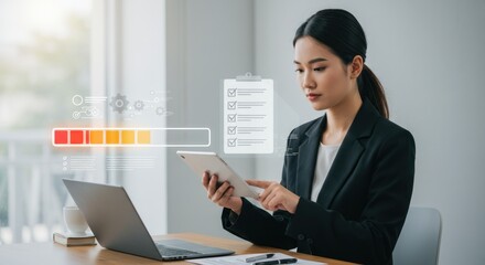 Woman in suit uses tablet near laptop with loading bar overlay.