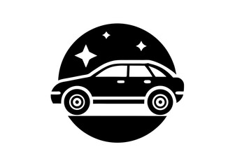Obraz premium Car Silhouette: A sleek, black car silhouette, set against a dark, starry circular backdrop, evokes a sense of refined travel and automotive design
