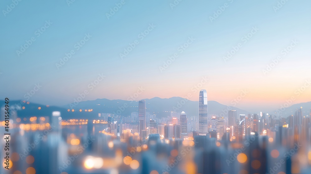 Aufkleber 香港の夕暮れ時高層ビル群と光り輝く都市夜景 青とオレンジの空を背景に