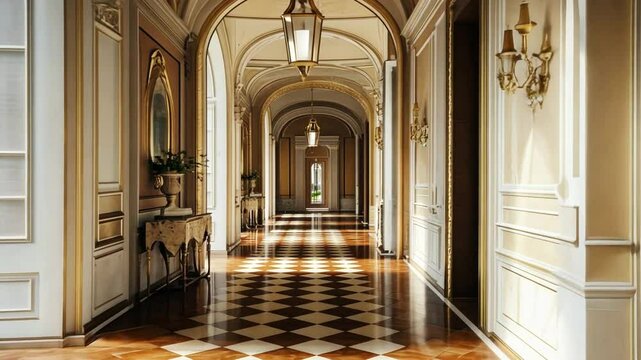 Elegant Palace Hallway with Checkerboard Floor and Gilded Accents