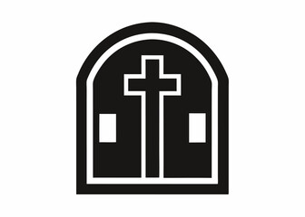 Obraz premium Sacred Entryway: A minimalist silhouette of a church door, featuring a prominent cross at its center, symbolizes faith, hope, and the gateway to spiritual sanctuary. 