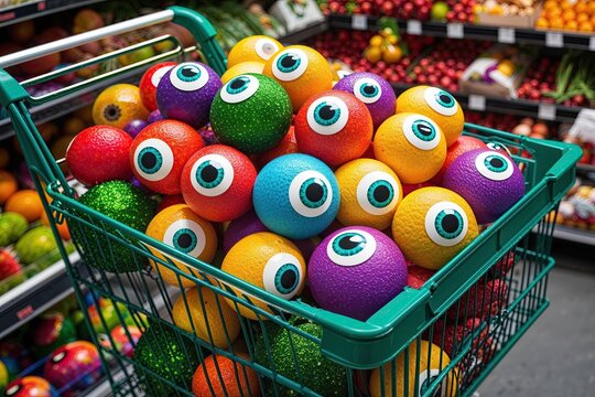 Festive grocery cart overflowing with joyous eyeballs and vibrant colours