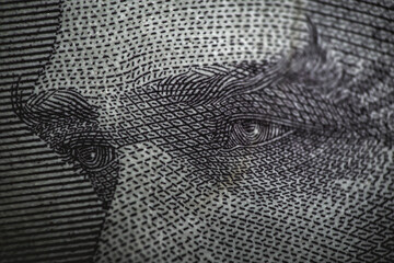 Close-up of Mustafa Kemal Ataturk on obverse of 5 Turkish lira banknote
