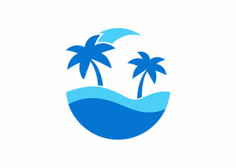 Obraz premium Tranquil Tropical Paradise: An artistic rendering of a tropical paradise scene, featuring two palm trees and gentle waves, all encompassed within a tranquil design.