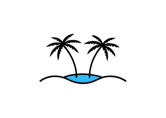 Tropical Island Bliss: A stylized illustration of two elegant palm trees gracefully sway on a tranquil island, their silhouettes outlined against a soft backdrop of blue water and serene sands.