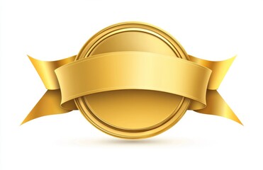 An isolated lustrous golden seal with a ribbon, displayed on a white background. Circular badge die-cut sticker. Empty metal emblem for sports competitions, business awards, and luxury certificate