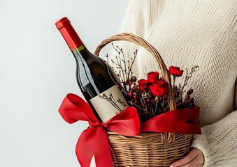 Woman holding a gift basket with a red ribbon bow, flowers, and a bottle of wine for Valentine's Day, isolated on a white background