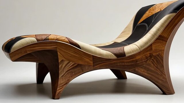 Stylish wooden lounge chair with unique patchwork design showcased against a minimalistic backdrop
