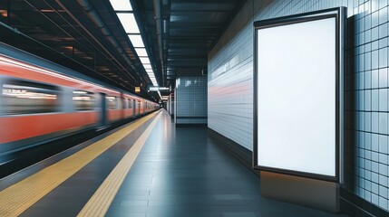 Fototapeta premium Subway station blank billboard mockup train public transportation advertising platform underground metro transit