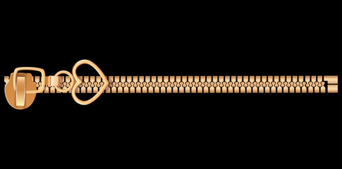 Realistic Golden Zipper Isolated On Black Background, Zip With Metal Puller Vector Illustration.

