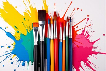 Collection of Paintbrushes with Colorful Paint on Bristles Against a White Backdrop with Dynamic Splatters of Yellow, Orange, Pink, Blue, and Black, Representing Art, Painting, and Creative Expression