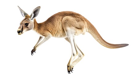 Kangaroo in a dynamic jumping pose, isolated on a white background, ideal for digital designs and wildlife-themed creative projects