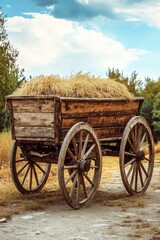 Golden flax stalks are methodically placed in a charming wooden cart, surrounded by a harvested field. Wispy clouds meander through the broad blue sky, fostering a tranquil mood