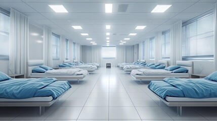 A long, sterile hospital ward with rows of neatly made beds and bright, cool lighting. Clean and orderly