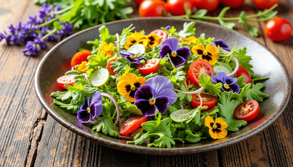 Vibrant edible flowers sunenr salad withcherry tomatoes on rustic wooden table