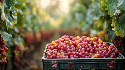 Freshly Harvested Grapes in a Vineyard at Sunset