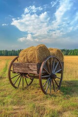 Flax stalks rest in an orderly fashion on a wooden wagon, positioned in a field that has been harvested. Soft clouds move slowly across the bright blue sky, creating a tranquil mood and highlighting