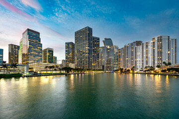 Urban view of the downtown area and ongoing real estate developments in the Brickell neighborhood of Miami, Florida, USA, a prominent financial and residential district.