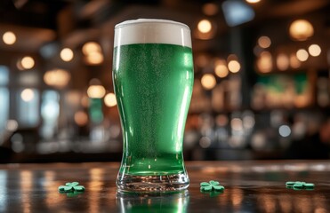Green beer is available at the bar for the Irish St. Patrick's Day celebration. A festive shamrock beverage is placed on the wooden countertop of the pub. The traditional party includes a pint of