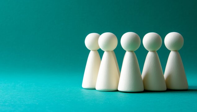 The employee assimilation process. A line of toy plastic workers with no faces. Depicting human resources, the first day at work, team introductions, and corporate culture. A newcomer distinguishes