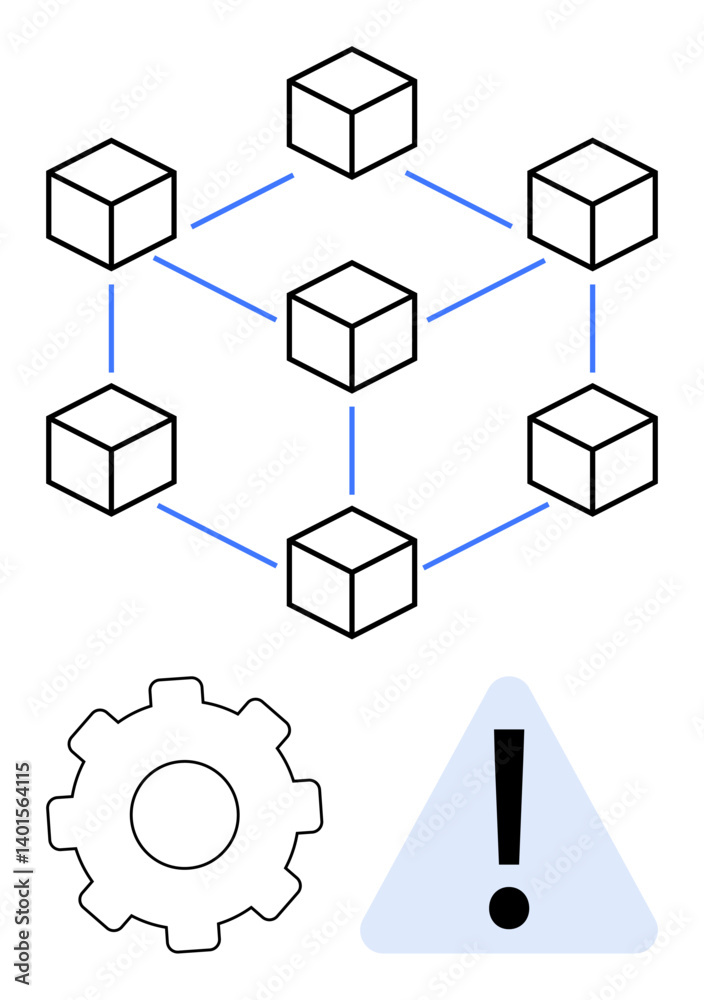Wall mural cubes connected by lines in a network, gear symbolizing system settings, and warning triangle for er