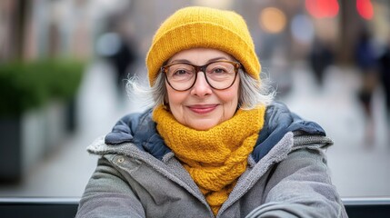 Senior Woman Smiling in Winter Hat and Scarf on Urban Street with Blurred Background