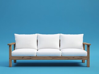 Fototapeta premium Wooden sofa with white cushions against a blue wall in the modern interior of a living room