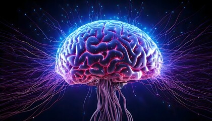 Artificial intelligence brain illuminated with vibrant neural pathways in a digital concept art