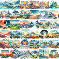 Fototapeta premium Different landscapes. Watercolor drawing. AI generated illustration