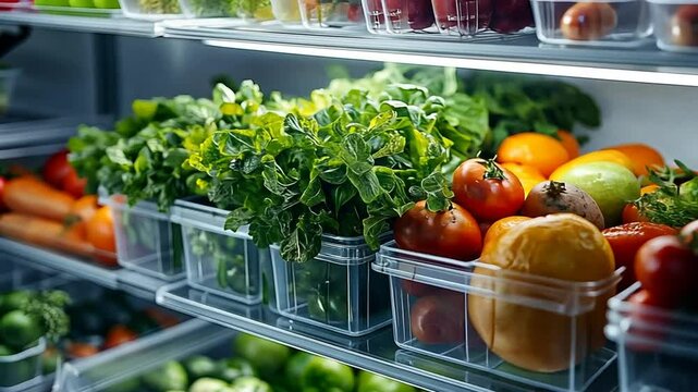 Refrigerator Filled with Fresh Produce, Vitamins, and Healthy Eating