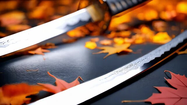 Sharp sword resting on autumn leaves in a beautiful display of craftsmanship and nature