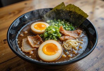 hot ramen with meat and eggs