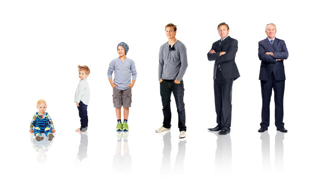 Baby, child and life cycle of a man for age, growth and future of a growing kid and senior in studio. Portrait of people in studio for change, time and process of aging isolated on a white background