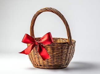 A brown wicker basket with a red ribbon on a white background, captured with a wide-angle lens from the side, a product photography setup with studio lighting and white lighting