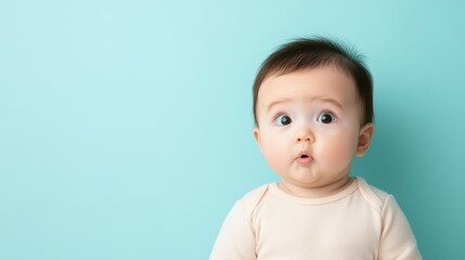 Curious baby with astonished expression on pastel blue background, adorable infant portrait, wide eyes, innocent wonder