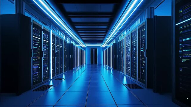 Blue-lit server room with symmetrical racks and a corridor receding into the distance, creating a clean, techy vibe - Powered by Adobe