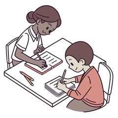 Kids Studying Together Vector with Children Writing in Notebooks at Table

