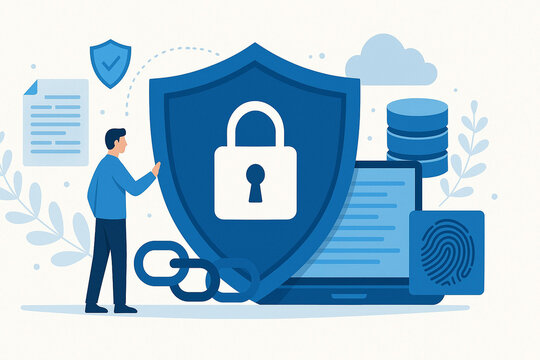 Data protection. Blue shield with a padlock symbolizing security. Around it are elements of the digital environment - a cloud, a laptop, a database and documents